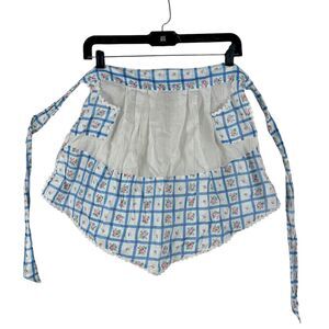 Vintage Floral Half Apron Pockets Ric Rac Peekaboo Sheer Cottagecore Blue Plaid